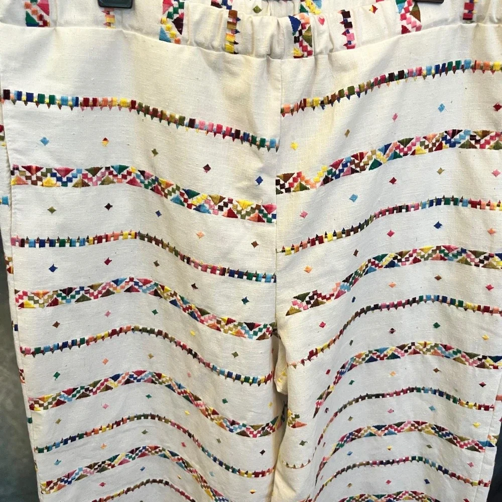 Embroidered Kantha Bohemian Pants Colorful Geometric Print Wide‎ Leg Size L/XL